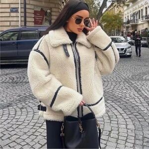 Zara Off-White Teddy Jacket with Dark Trim